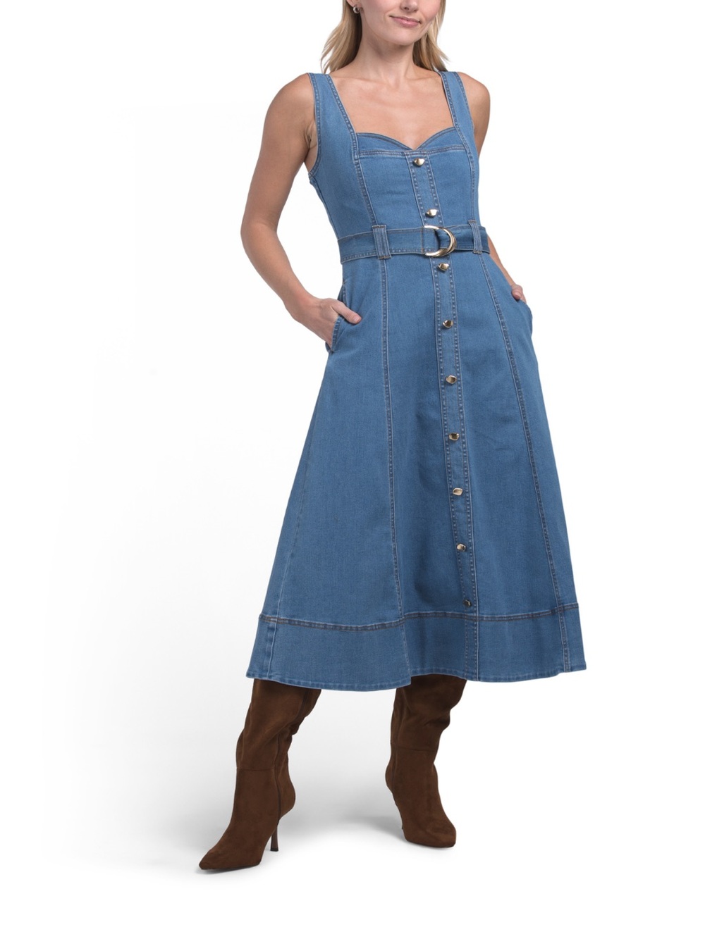 NWOT house of Harlow Denim Button-Front A-Line Dress with Belt - Blue - Picture 2 of 11